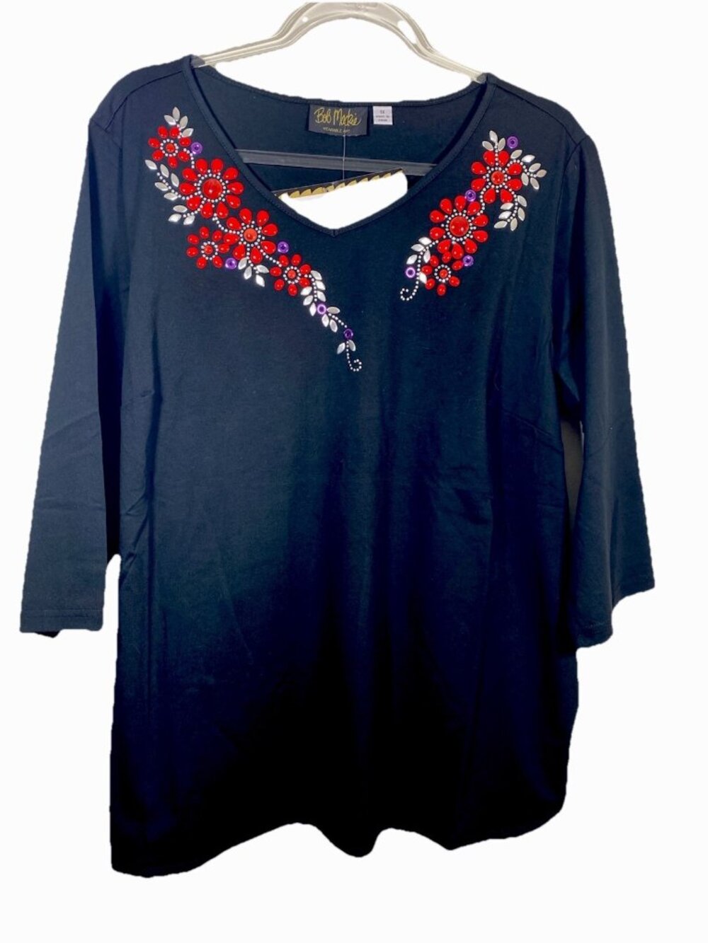 Bob Mackie Size 1X Wearable Art Black Red Purple Beaded Stretch Tunic Top NEW